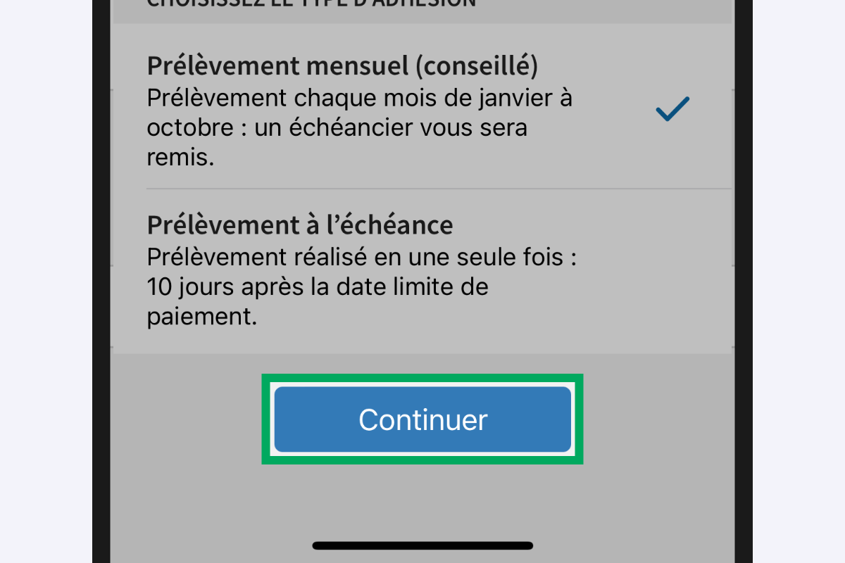 Capture d’écran partielle de l’application présentant la bas de la page « Adhérer à un contrat ».
                Le bouton « Continuer » est encadré.