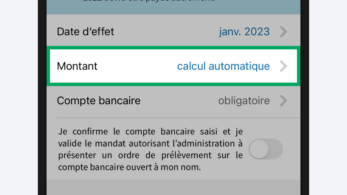 Capture d’écran partielle de l’application présentant un extrait de la page « Prélèvement mensuel »La ligne « Montant » est encadrée.