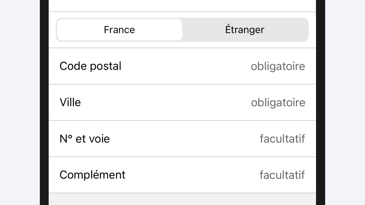 Capture d’écran partielle de l’application présentant un extrait de la page « Compte bancaire ». L’onglet « France » est sélectionné.