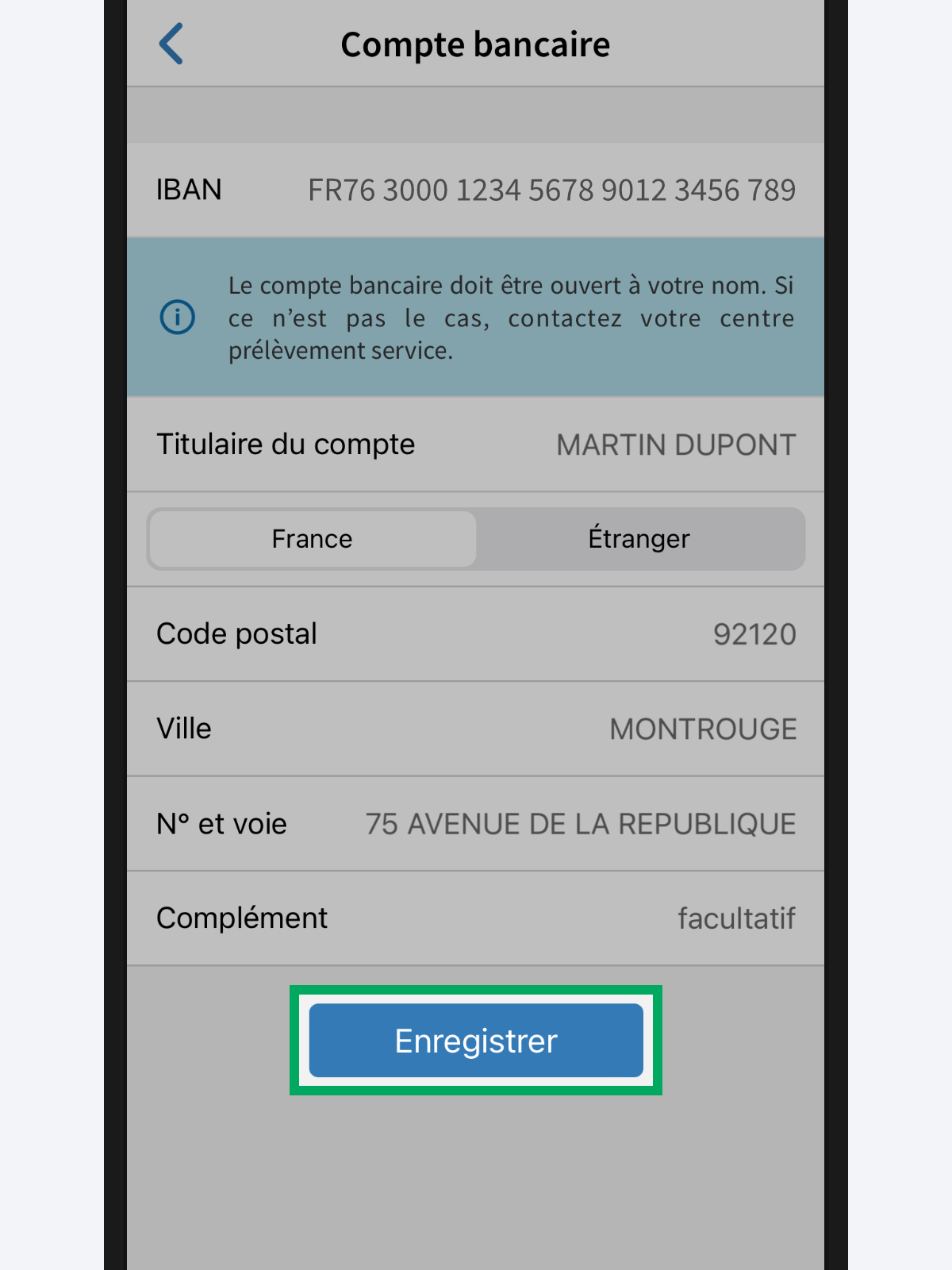 Capture d’écran de l’application présentant la page « Compte bancaire » renseignée. Le bouton « Enregistrer » est encadré.