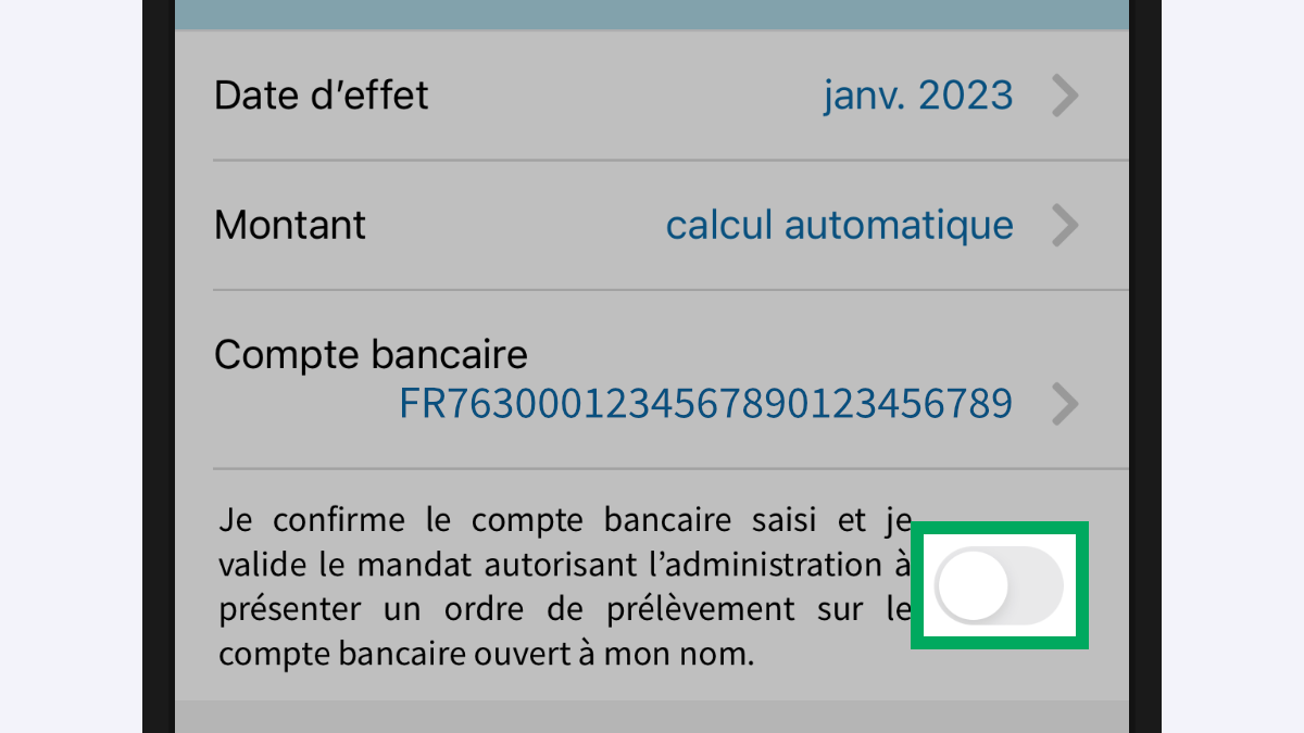 Capture d’écran partielle de l’application présentant le cadre « Modalités d’adhésion » de la page « Prélèvement mensuel ». Le bouton poussoir est encadré : il est en position désactivée.