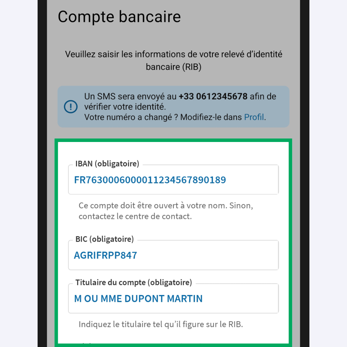Capture d’écran partielle de l’application présentant
                    la page « Compte bancaire », accessible depuis la page « Situation ». Les champs de saisie de l'IBAN, du BIC et du titulaire du compte sont encadrés