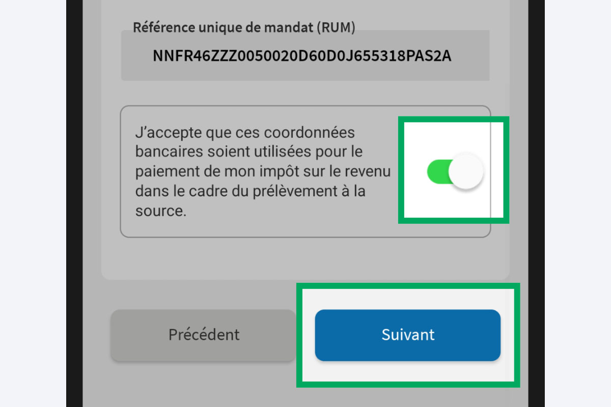 Capture d’écran partielle de l’application présentant
                    la page « Compte bancaire », accessible depuis la page « Situation ». La case à cocher et le bouton « Suivant » sont encadrés