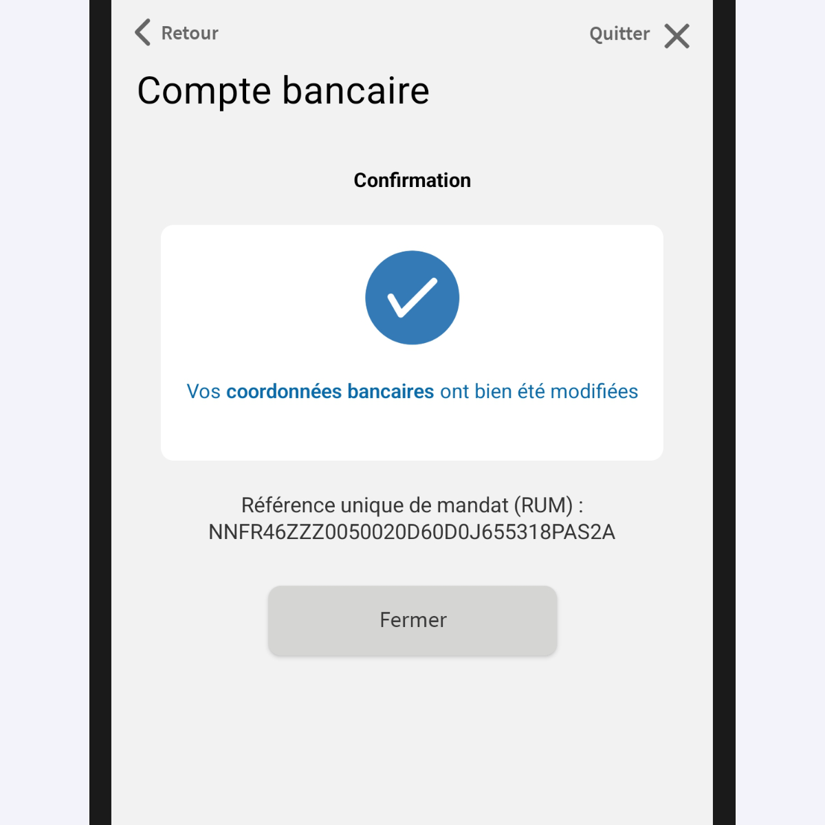 Capture d’écran de l’application présentant
                    la page de confirmation de création ou de modification des coordonnées bancaires