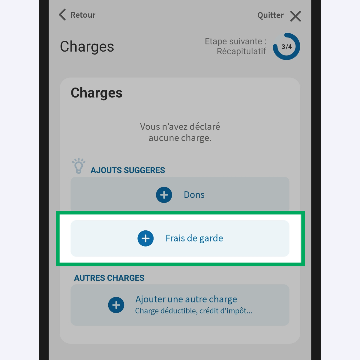 Capture d’écran partielle de l’application présentant
                    la page « Charges » du service « Déclarer mes revenus ». Le bouton d'ajout de charges « Frais de garde » est encadré