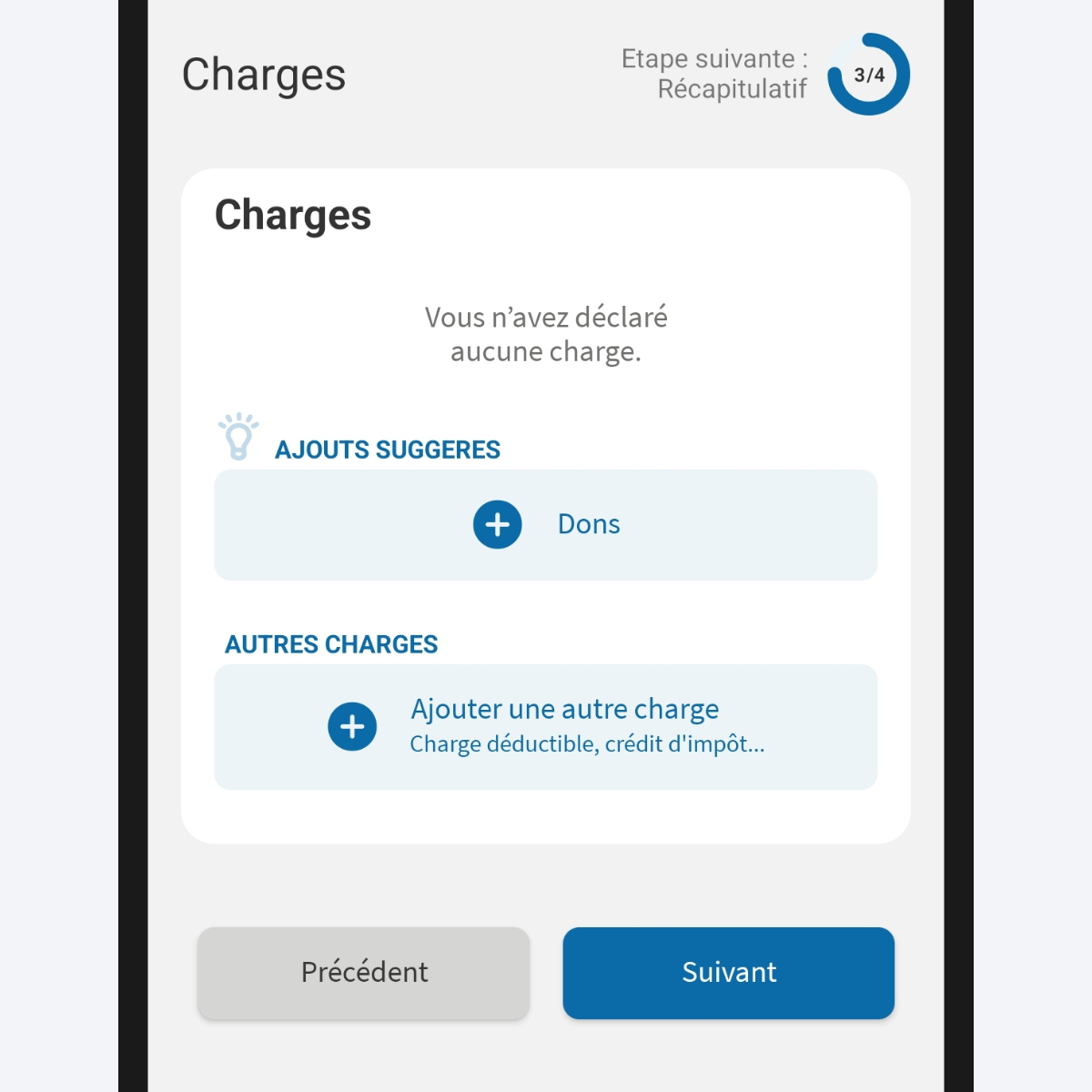 Capture d’écran partielle de l’application présentant
                    la page « Charges » du service « Déclarer mes revenus ». Les boutons permettant d'ajouter des charges sont affichés