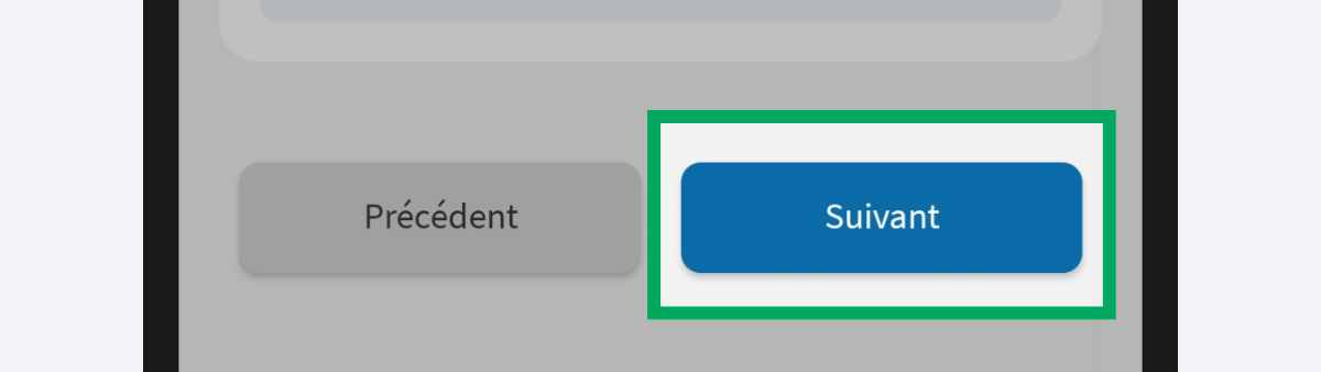 Capture d’écran partielle de l’application présentant
                    les boutons « Précédent » et « Suivant » de la page « Charges » du service « Déclarer mes revenus ». Le bouton « Suivant » est encadré